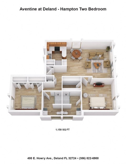 Floor plan for 2 beds, 2 baths, 1150 sqft